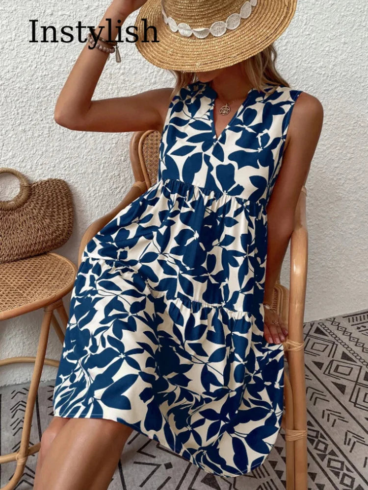 Sleeveless Botanical Leaf Print Tiered Babydoll Mini Dress