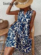 Sleeveless Botanical Leaf Print Tiered Babydoll Mini Dress
