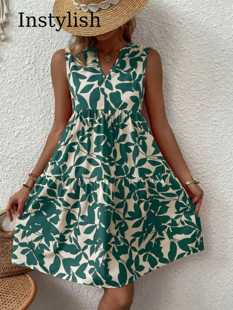 Sleeveless Botanical Leaf Print Tiered Babydoll Mini Dress
