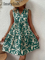 Sleeveless Botanical Leaf Print Tiered Babydoll Mini Dress
