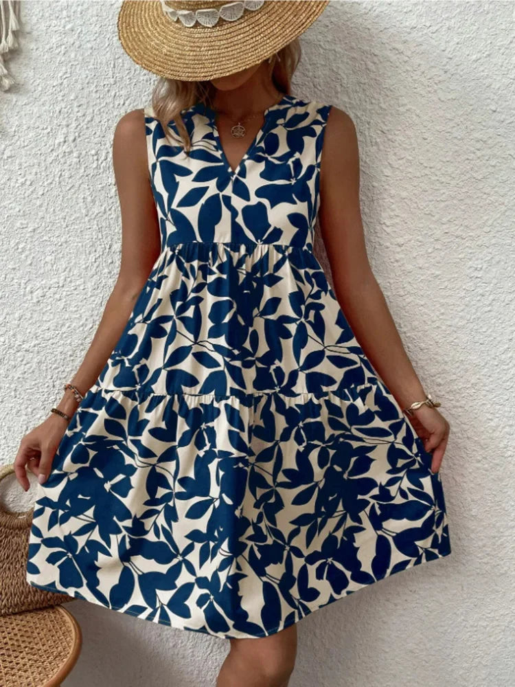Sleeveless Botanical Leaf Print Tiered Babydoll Mini Dress