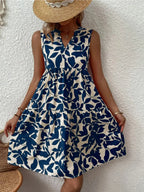 Sleeveless Botanical Leaf Print Tiered Babydoll Mini Dress