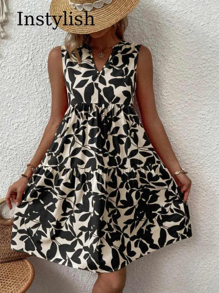 Sleeveless Botanical Leaf Print Tiered Babydoll Mini Dress