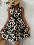 Sleeveless Botanical Leaf Print Tiered Babydoll Mini Dress