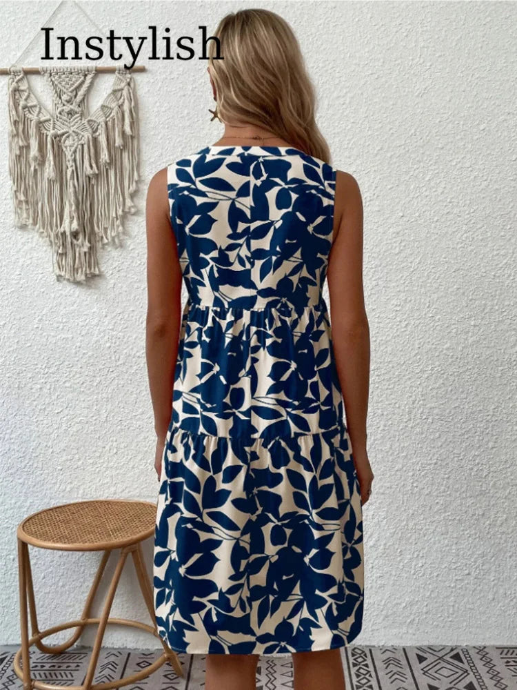 Sleeveless Botanical Leaf Print Tiered Babydoll Mini Dress