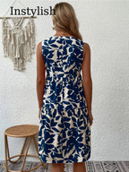 Sleeveless Botanical Leaf Print Tiered Babydoll Mini Dress