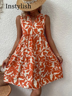 Sleeveless Botanical Leaf Print Tiered Babydoll Mini Dress