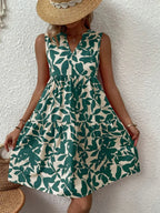 Sleeveless Botanical Leaf Print Tiered Babydoll Mini Dress