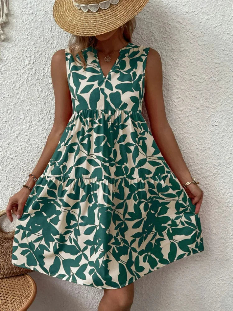 Sleeveless Botanical Leaf Print Tiered Babydoll Mini Dress