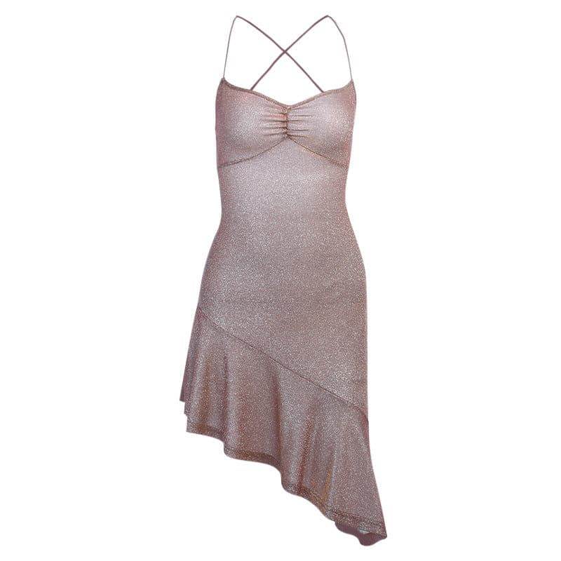 Glitter Spaghetti Strap Sweetheart Ruffle Hem Midi Dress