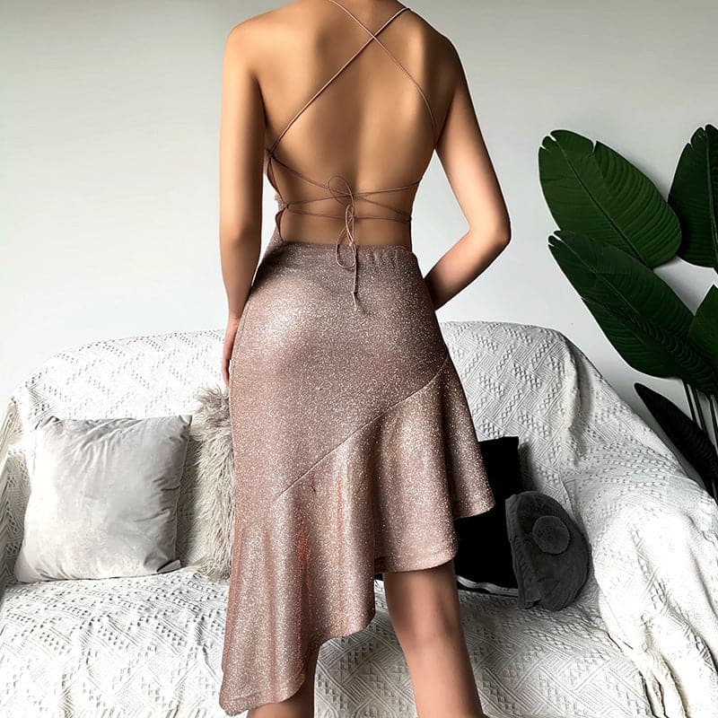 Glitter Spaghetti Strap Sweetheart Ruffle Hem Midi Dress