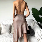 Glitter Spaghetti Strap Sweetheart Ruffle Hem Midi Dress