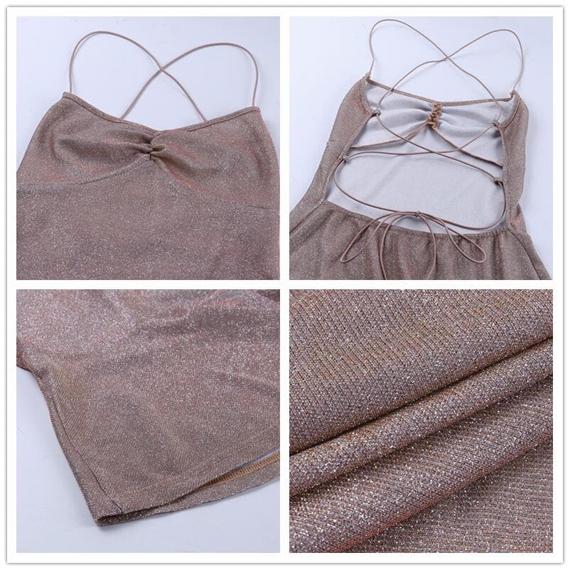 Glitter Spaghetti Strap Sweetheart Ruffle Hem Midi Dress