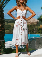 Spaghetti Strap V-Neck Button Front A-Line Midi Dress