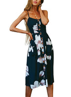 V-Neck Spaghetti Strap Button-Front A-Line Midi Dress