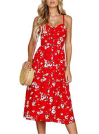 V-Neck Spaghetti Strap Button-Front A-Line Midi Dress