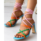 Colorblock Peep Toe Multi-Strap Round Toe Summer Outdoor Fashion High Heel