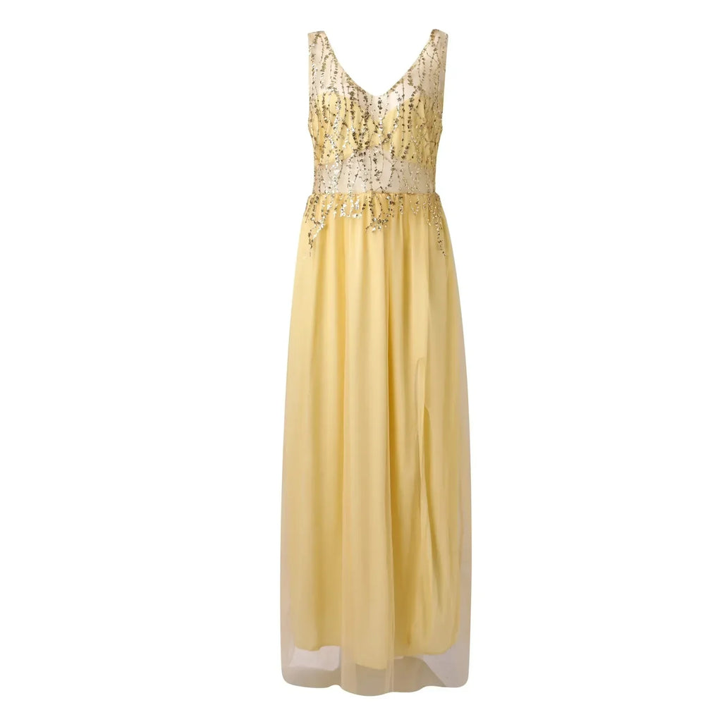 Deep V-Neck Sequin Mesh Bodice Chiffon Maxi Gown