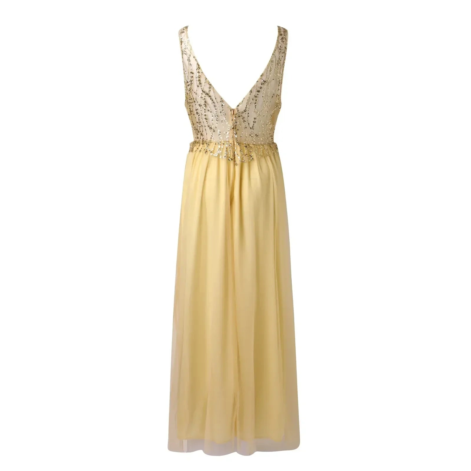 Deep V-Neck Sequin Mesh Bodice Chiffon Maxi Gown