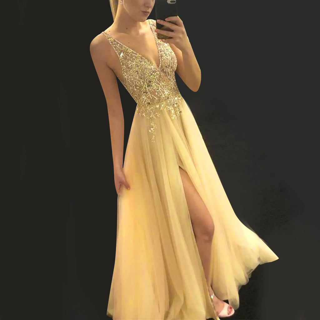 Deep V-Neck Sequin Mesh Bodice Chiffon Maxi Gown