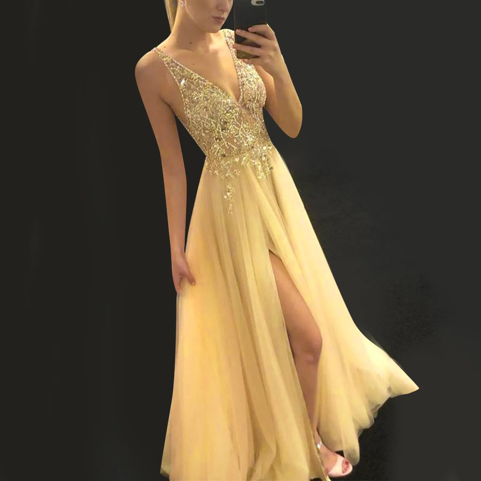Deep V-Neck Sequin Mesh Bodice Chiffon Maxi Gown