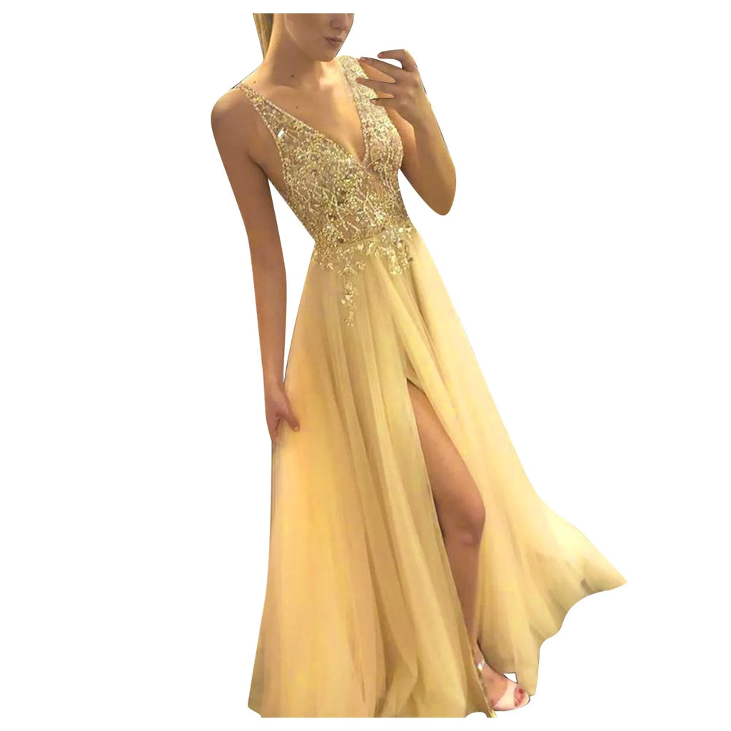 Deep V-Neck Sequin Mesh Bodice Chiffon Maxi Gown
