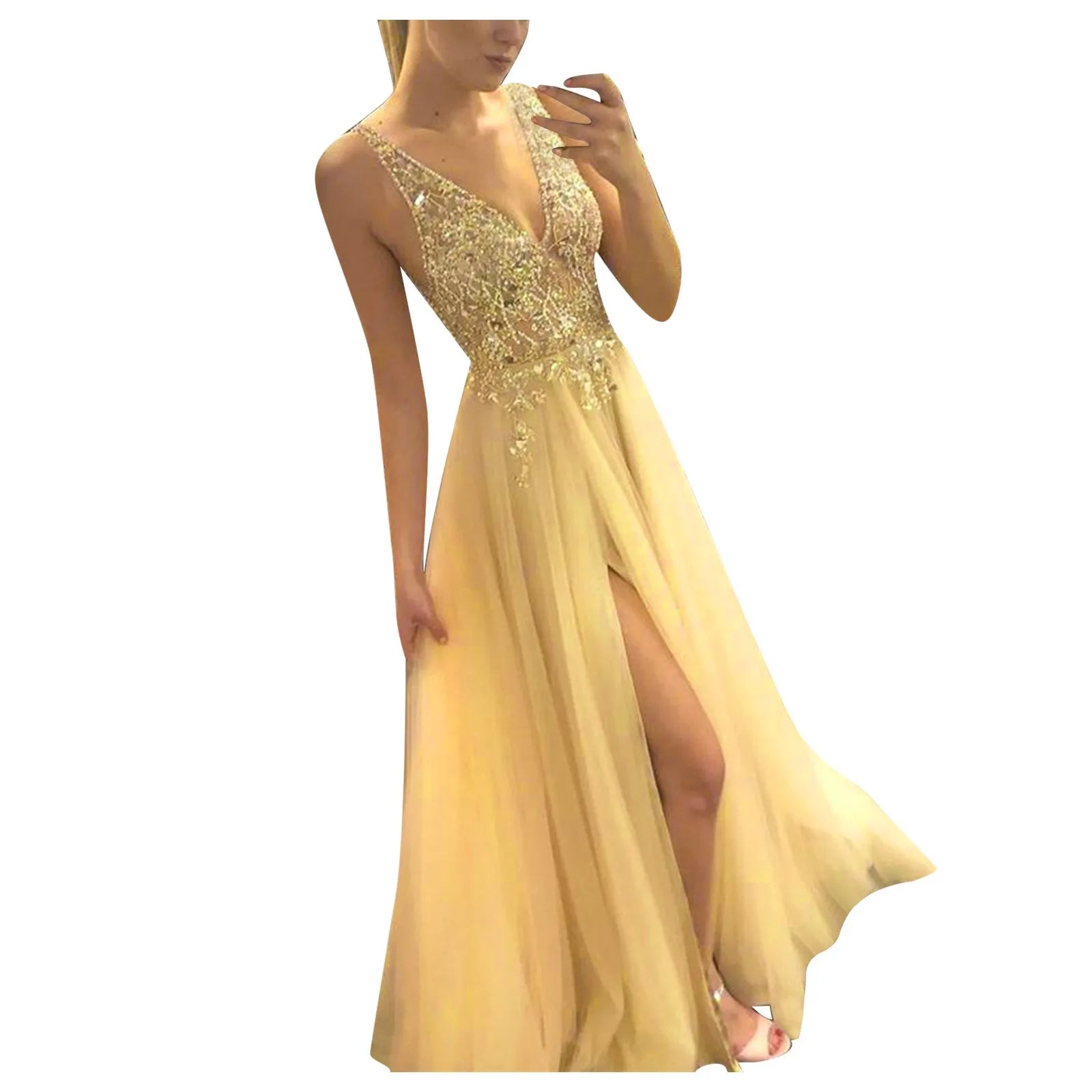 Deep V-Neck Sequin Mesh Bodice Chiffon Maxi Gown