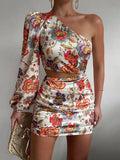 Floral Print One Shoulder Puff Sleeve Crop Top and Ruched Mini Skirt Set