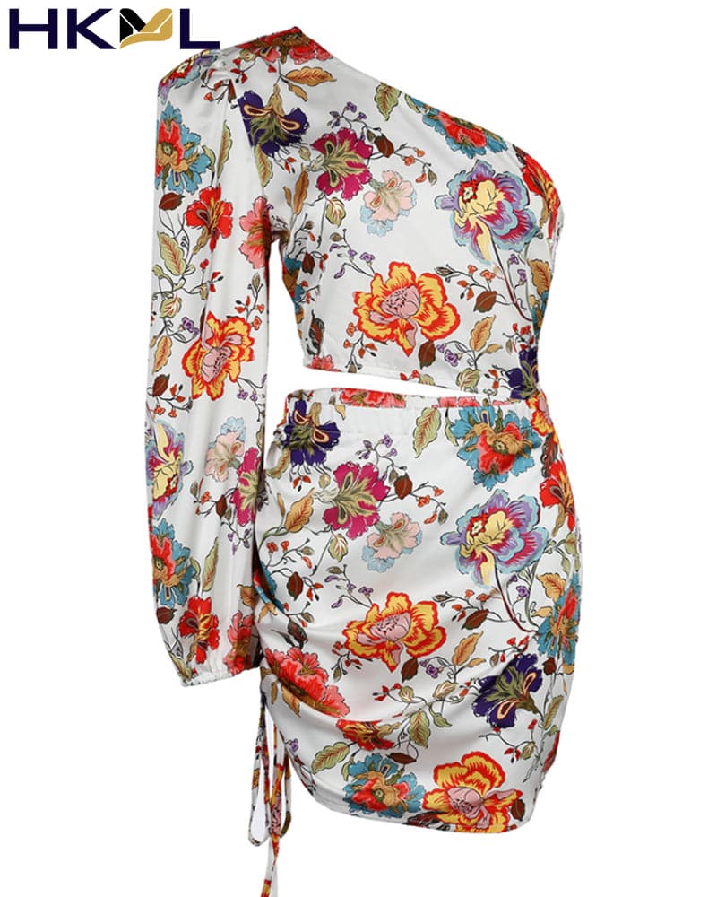 Floral Print One Shoulder Puff Sleeve Crop Top and Ruched Mini Skirt Set