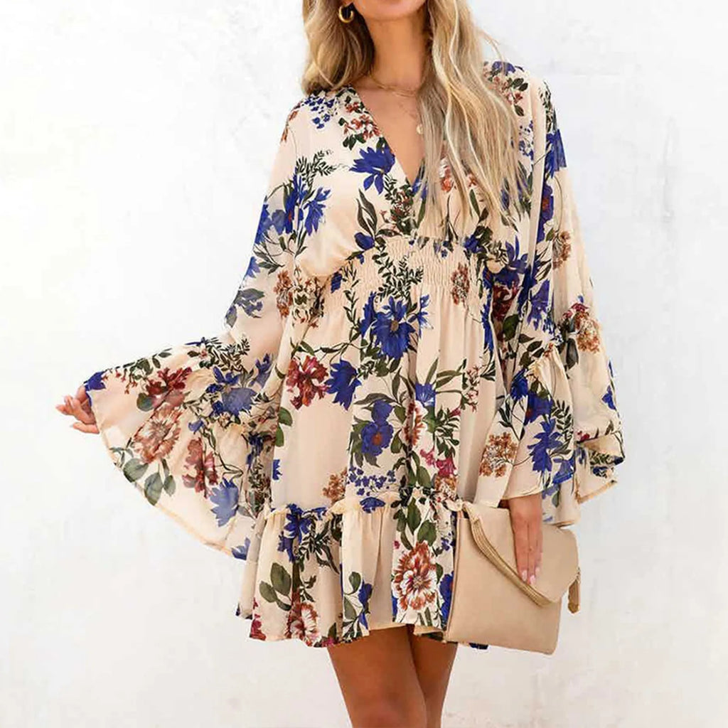 Floral Print Deep V-Neck Bell Sleeve Smocked Waist Ruffle Mini Dress