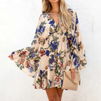 Floral Print Deep V-Neck Bell Sleeve Smocked Waist Ruffle Mini Dress