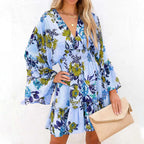 Floral Print Deep V-Neck Bell Sleeve Smocked Waist Ruffle Mini Dress