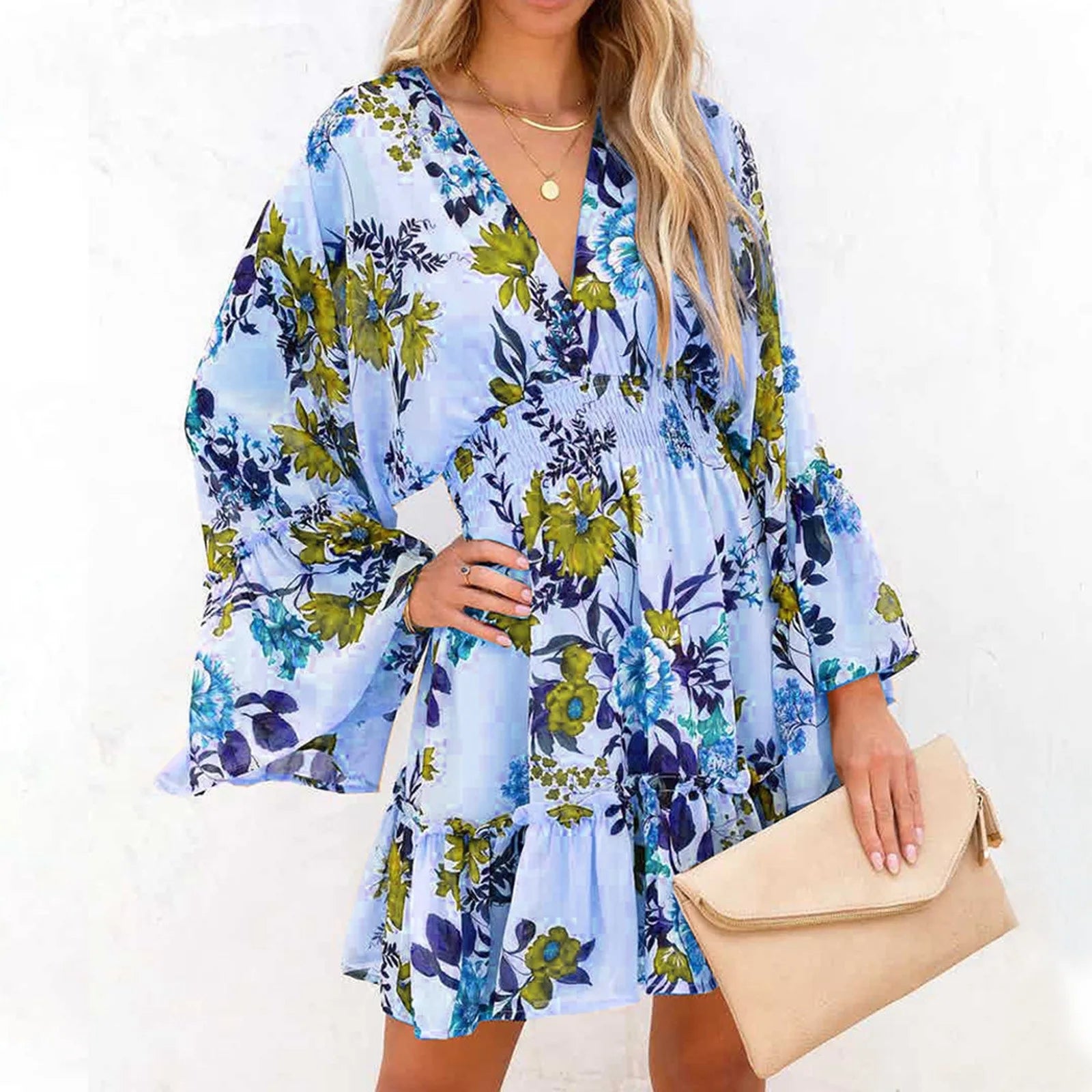 Floral Print Deep V-Neck Bell Sleeve Smocked Waist Ruffle Mini Dress