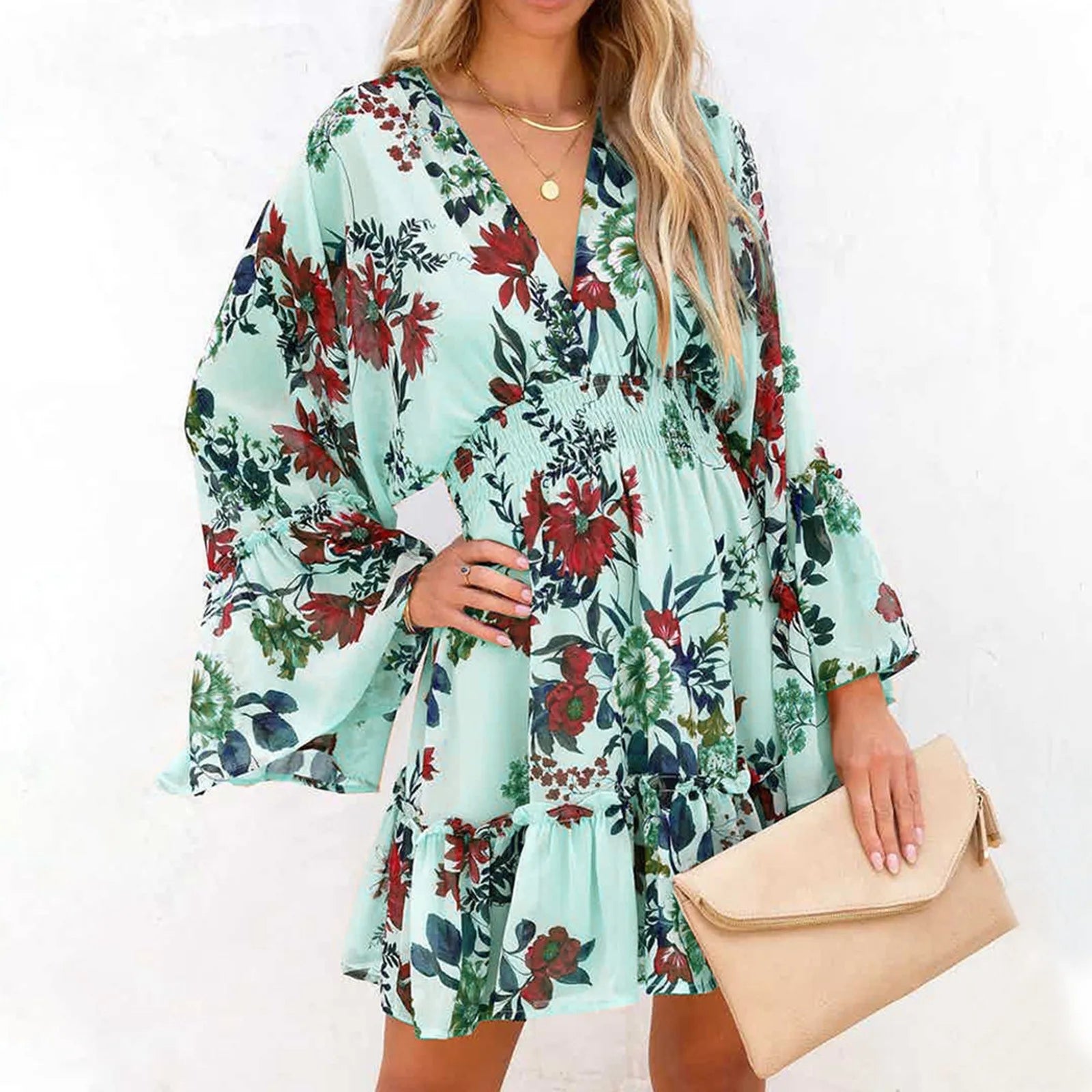 Floral Print Deep V-Neck Bell Sleeve Smocked Waist Ruffle Mini Dress