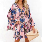 Floral Print Deep V-Neck Bell Sleeve Smocked Waist Ruffle Mini Dress