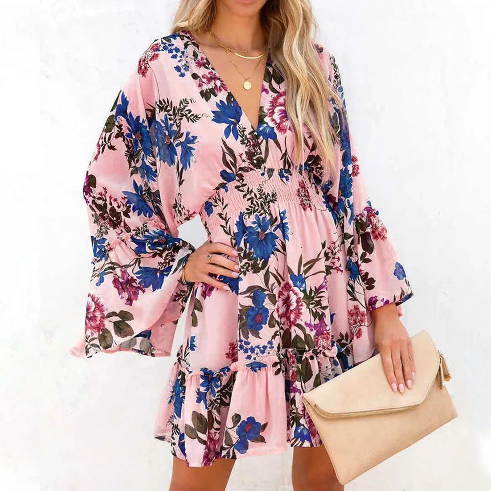 Floral Print Deep V-Neck Bell Sleeve Smocked Waist Ruffle Mini Dress
