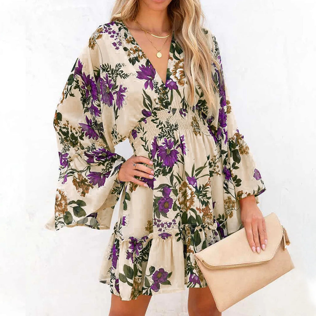 Floral Print Deep V-Neck Bell Sleeve Smocked Waist Ruffle Mini Dress