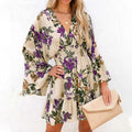 Floral Print Deep V-Neck Bell Sleeve Smocked Waist Ruffle Mini Dress