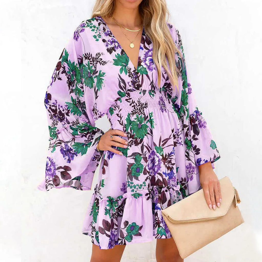 Floral Print Deep V-Neck Bell Sleeve Smocked Waist Ruffle Mini Dress