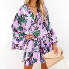 Floral Print Deep V-Neck Bell Sleeve Smocked Waist Ruffle Mini Dress