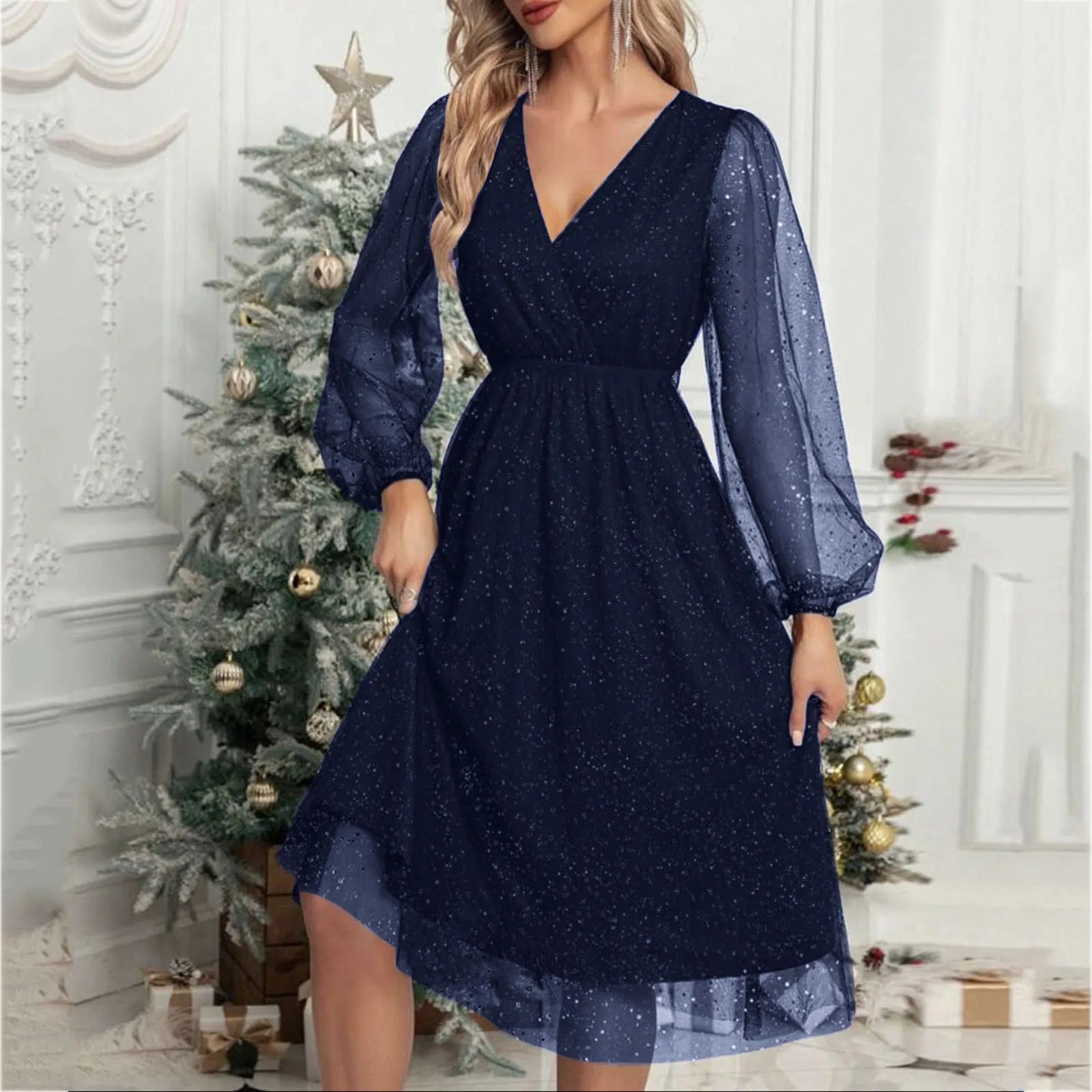 Glitter Mesh Lantern Sleeve Wrap V-Neck Elastic Waist Midi Dress
