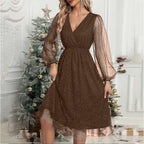 Glitter Mesh Lantern Sleeve Wrap V-Neck Elastic Waist Midi Dress