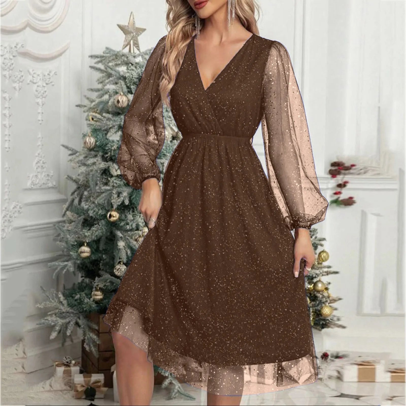 Glitter Mesh Lantern Sleeve Wrap V-Neck Elastic Waist Midi Dress