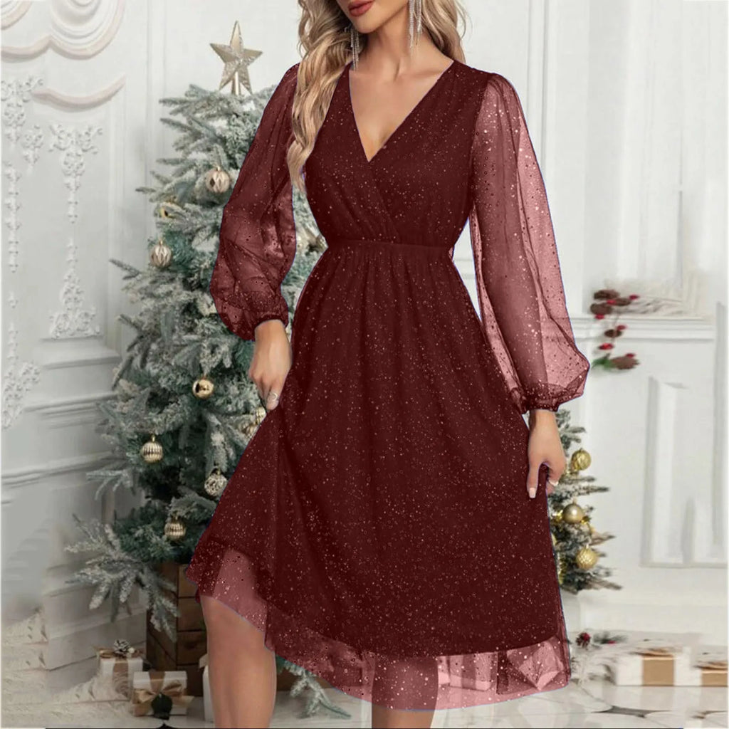 Glitter Mesh Lantern Sleeve Wrap V-Neck Elastic Waist Midi Dress