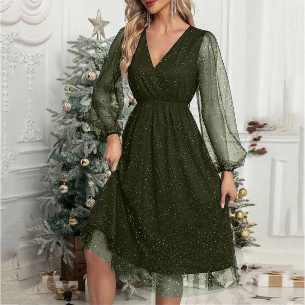 Glitter Mesh Lantern Sleeve Wrap V-Neck Elastic Waist Midi Dress