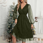 Glitter Mesh Lantern Sleeve Wrap V-Neck Elastic Waist Midi Dress