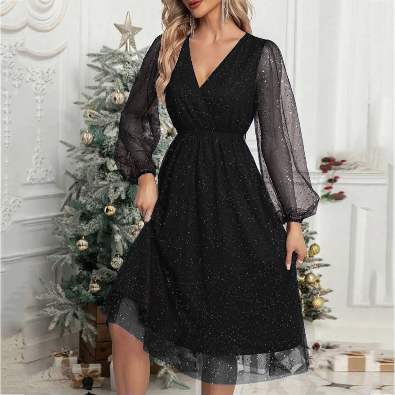 Glitter Mesh Lantern Sleeve Wrap V-Neck Elastic Waist Midi Dress