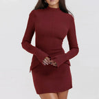 Mock Neck Long Sleeve Hip Flap Overlay Bodycon Mini Dress