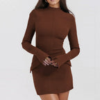 Mock Neck Long Sleeve Hip Flap Overlay Bodycon Mini Dress