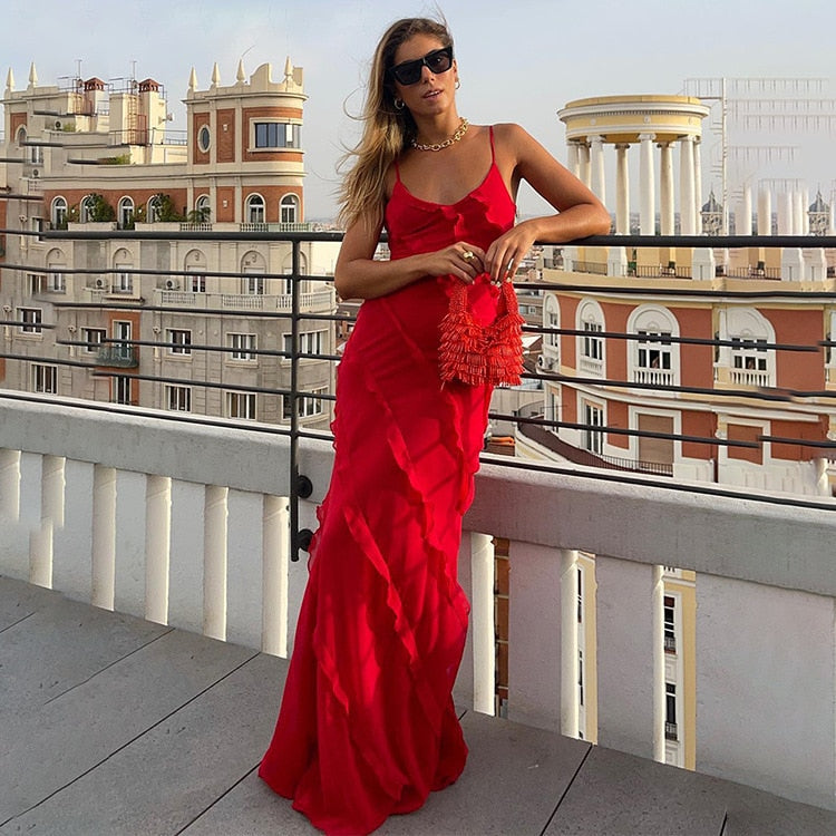 Deep V-Neck Spaghetti Strap Diagonal Tiered Ruffle Maxi Dress